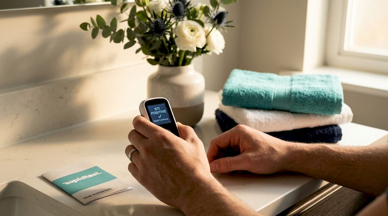 Hands holding positive at-home STI test kit