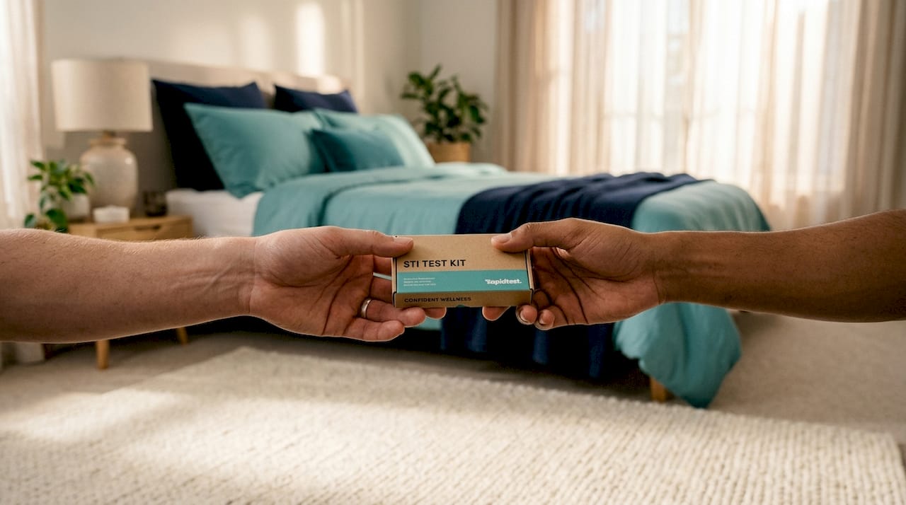 Hands exchanging at-home STI test kit
