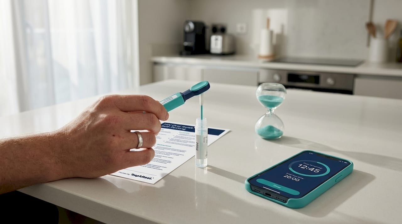 Close-up of hand holding oral swab HIV test device