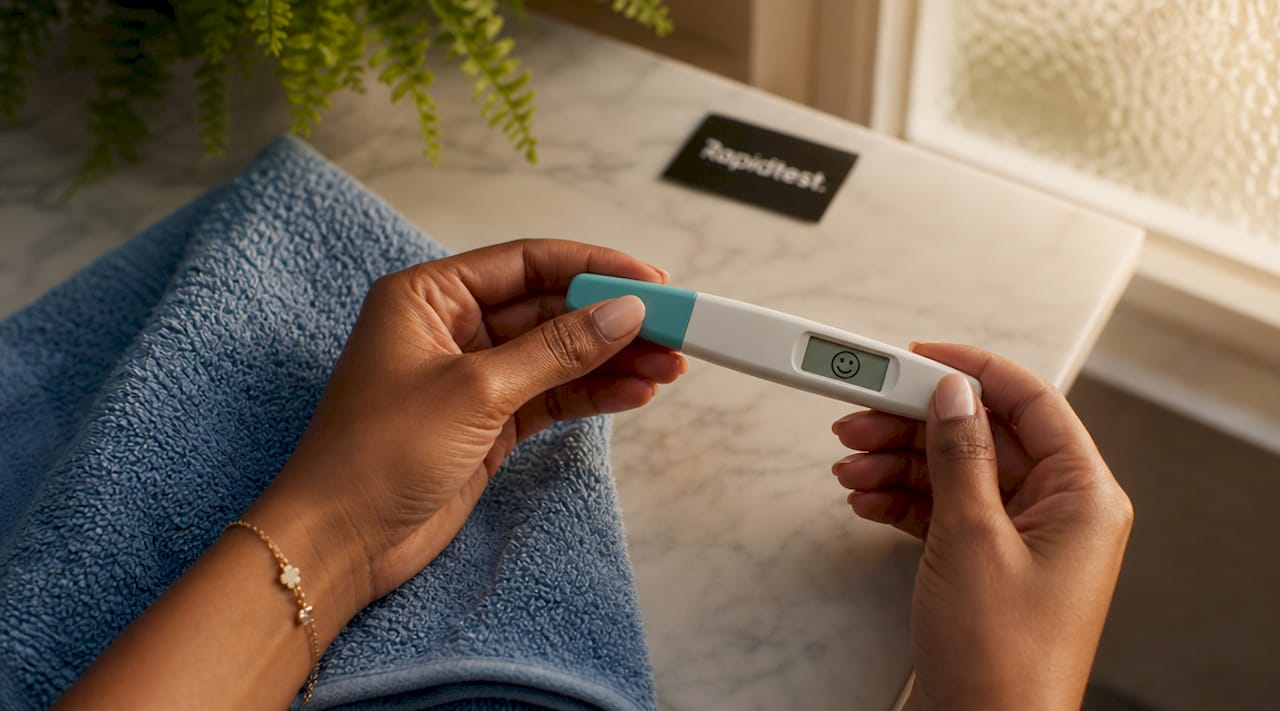 Hands holding digital ovulation test device