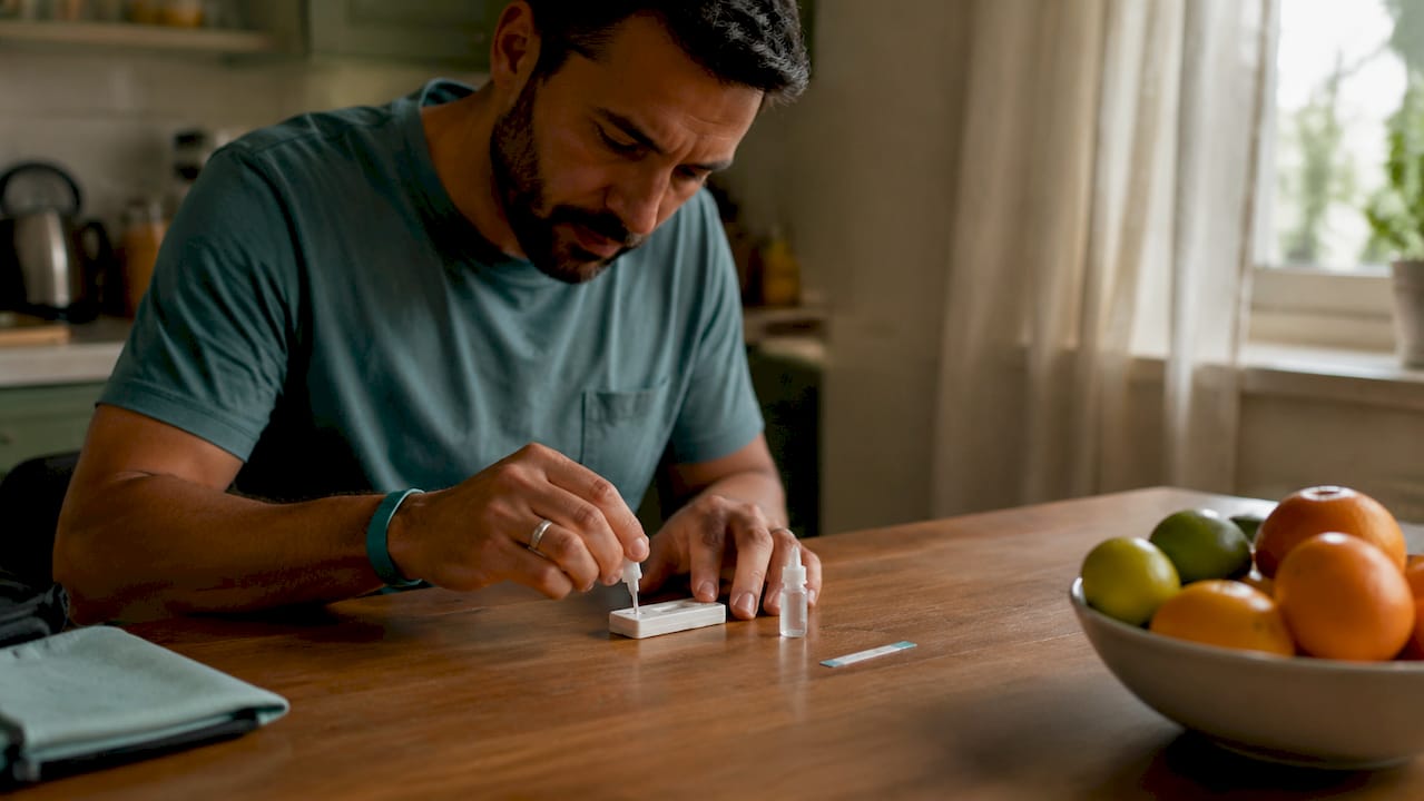 Close-up of hand using rapid home disease test