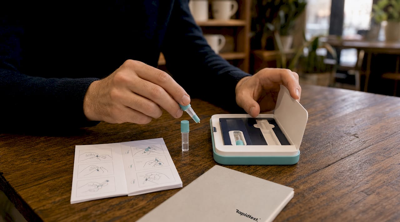 Hands assembling self-collection blood test kit on countertop