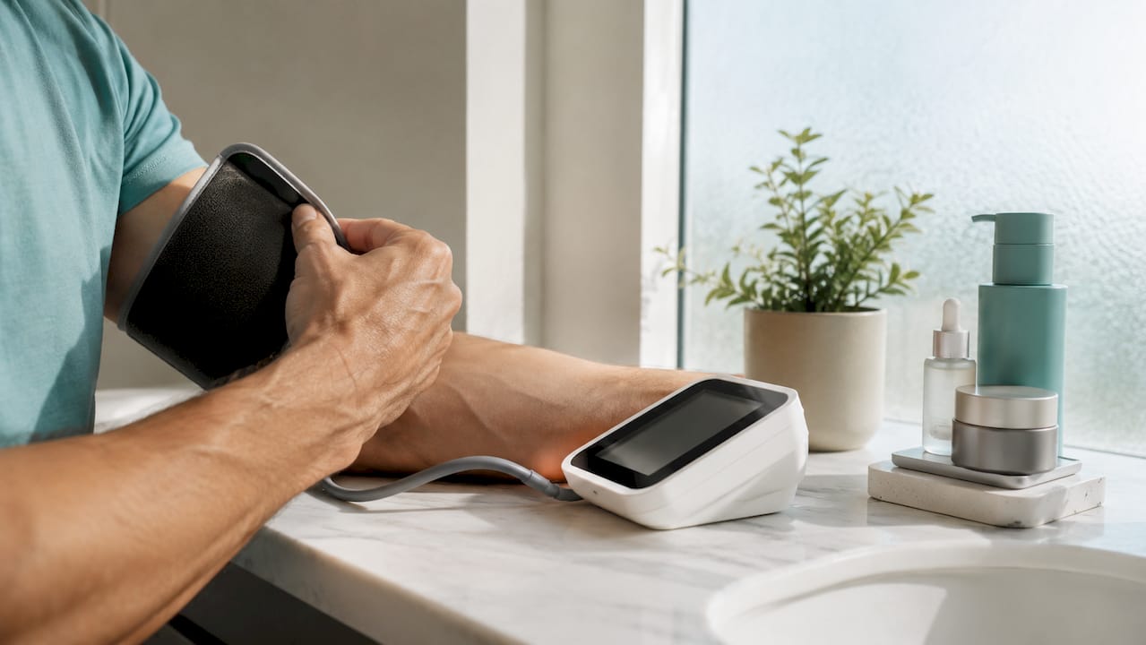 Close-up of hands adjusting blood pressure cuff