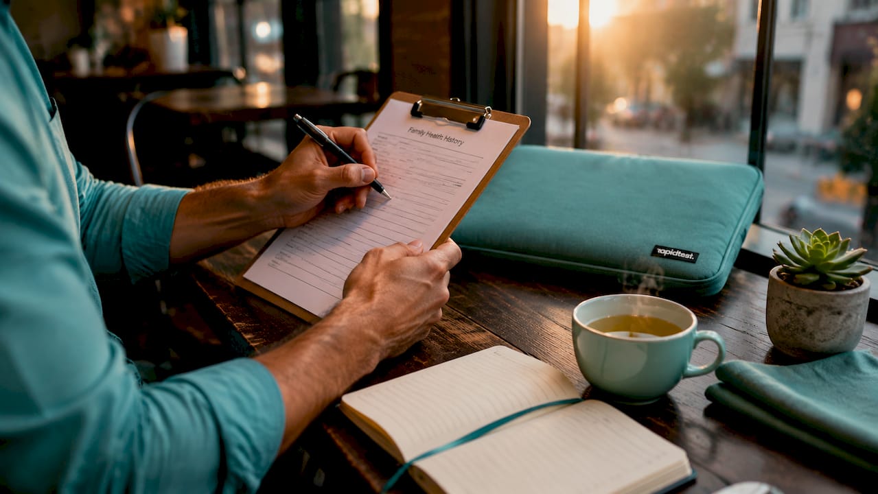 Male hands writing family health history notes