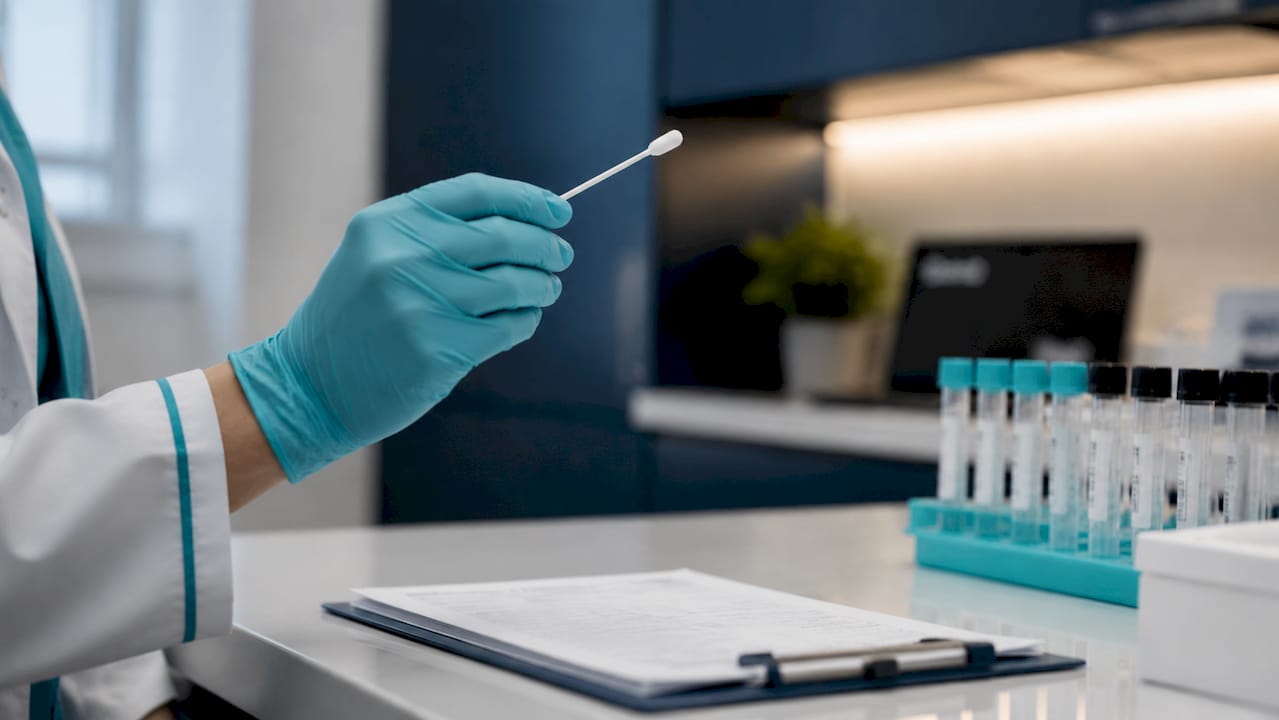Close-up of gloved hand holding swab in clinic