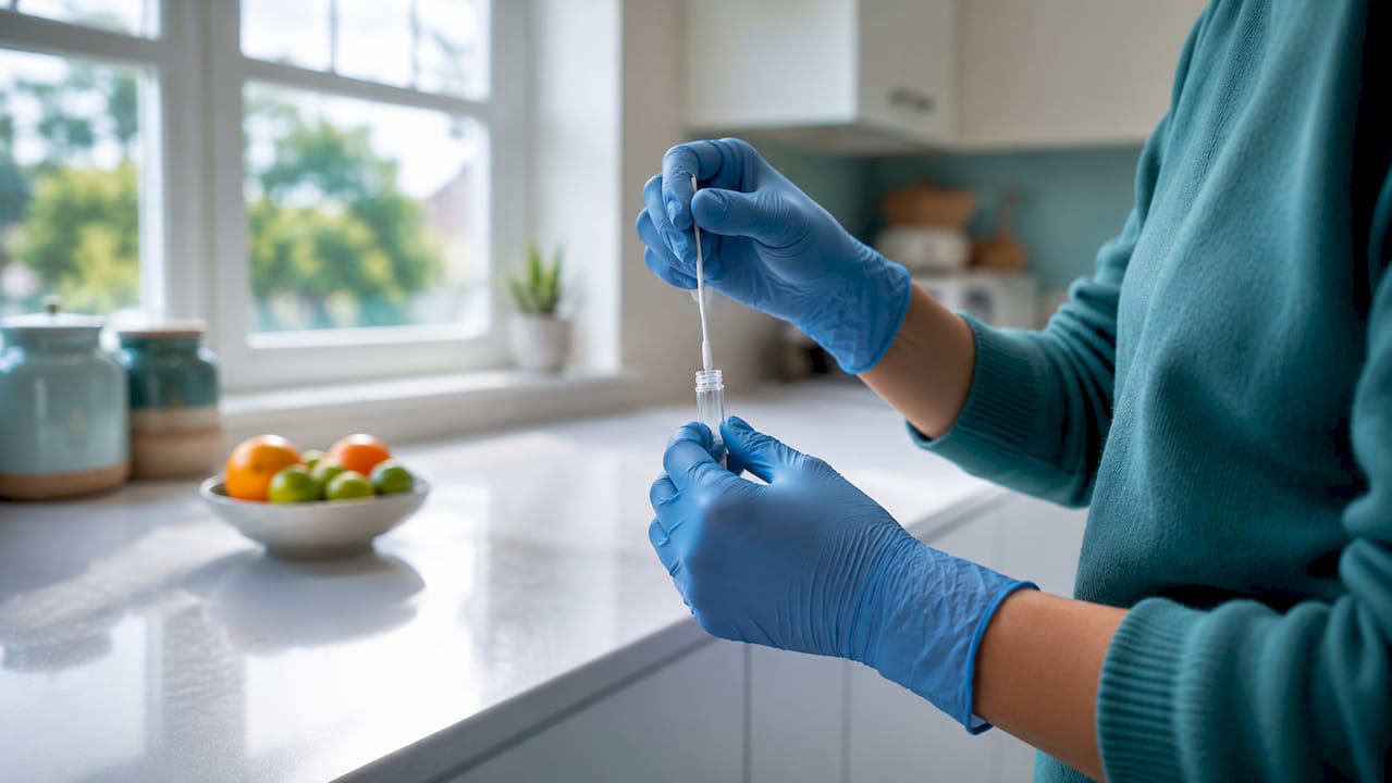 Hands collecting stool sample for antigen test