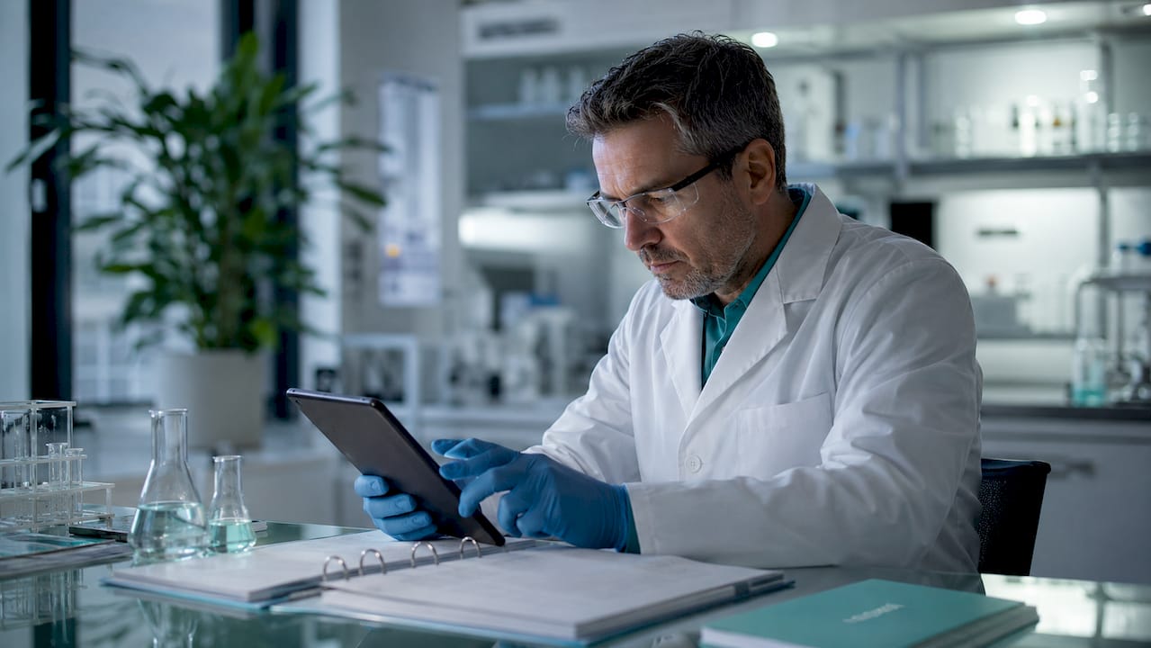 Scientist reviewing HPV test data in laboratory