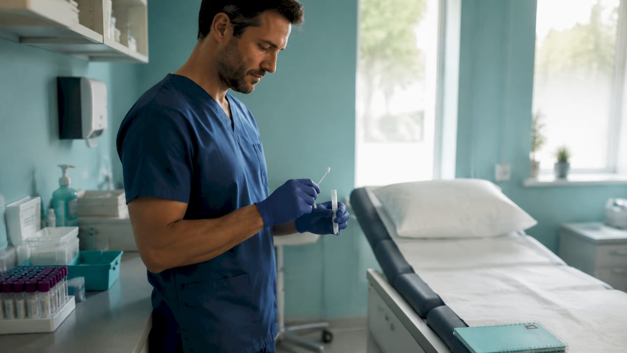 Nurse preparing STI sample swab in clinic
