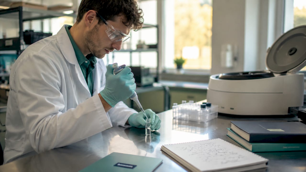 Close-up of lab hands handling hormone sample