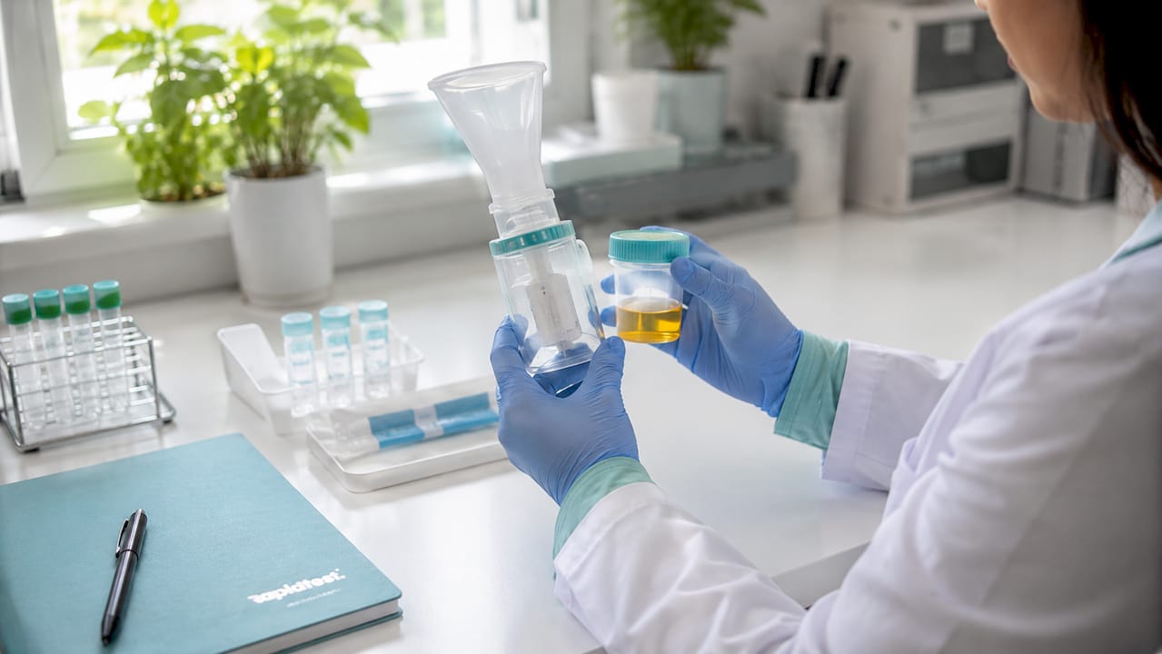 Hands holding urea breath test device and sample cup