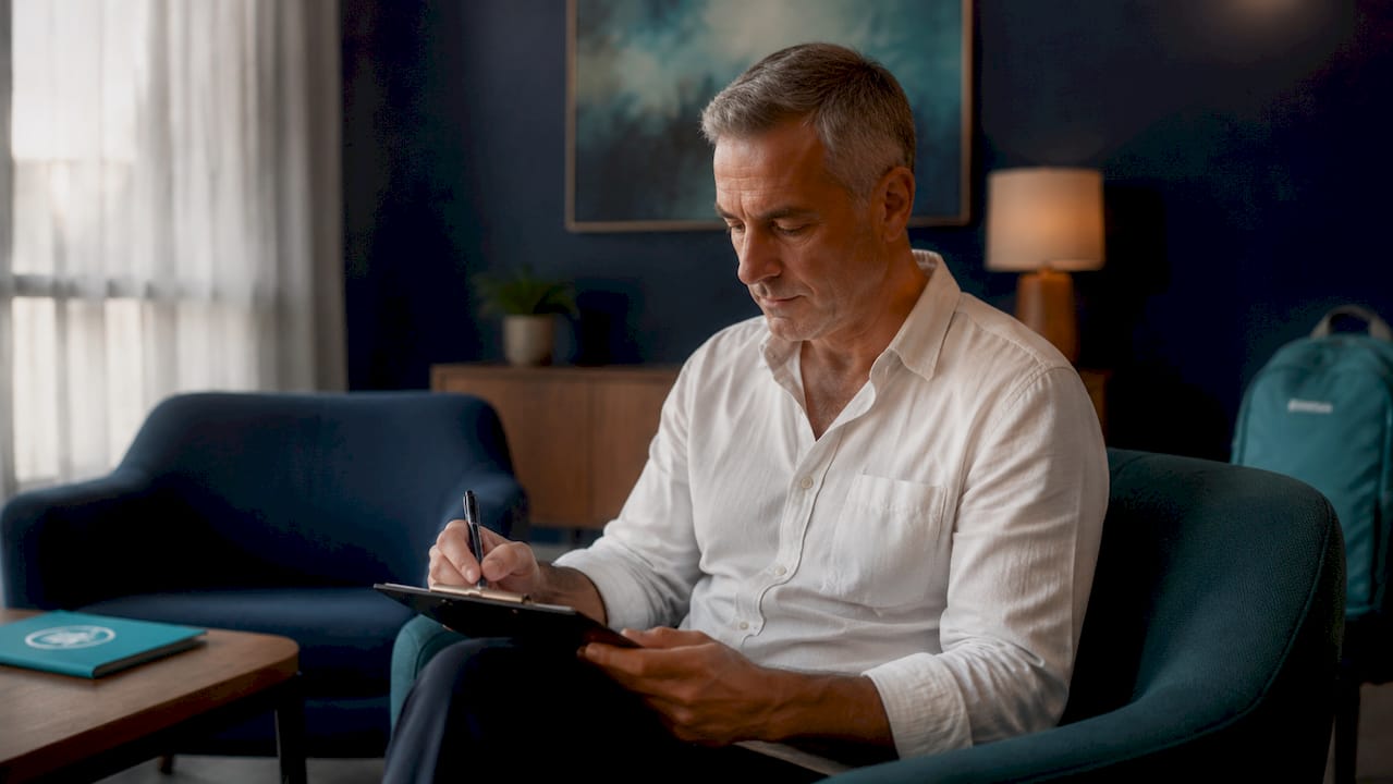 Man completing form at sexual health clinic