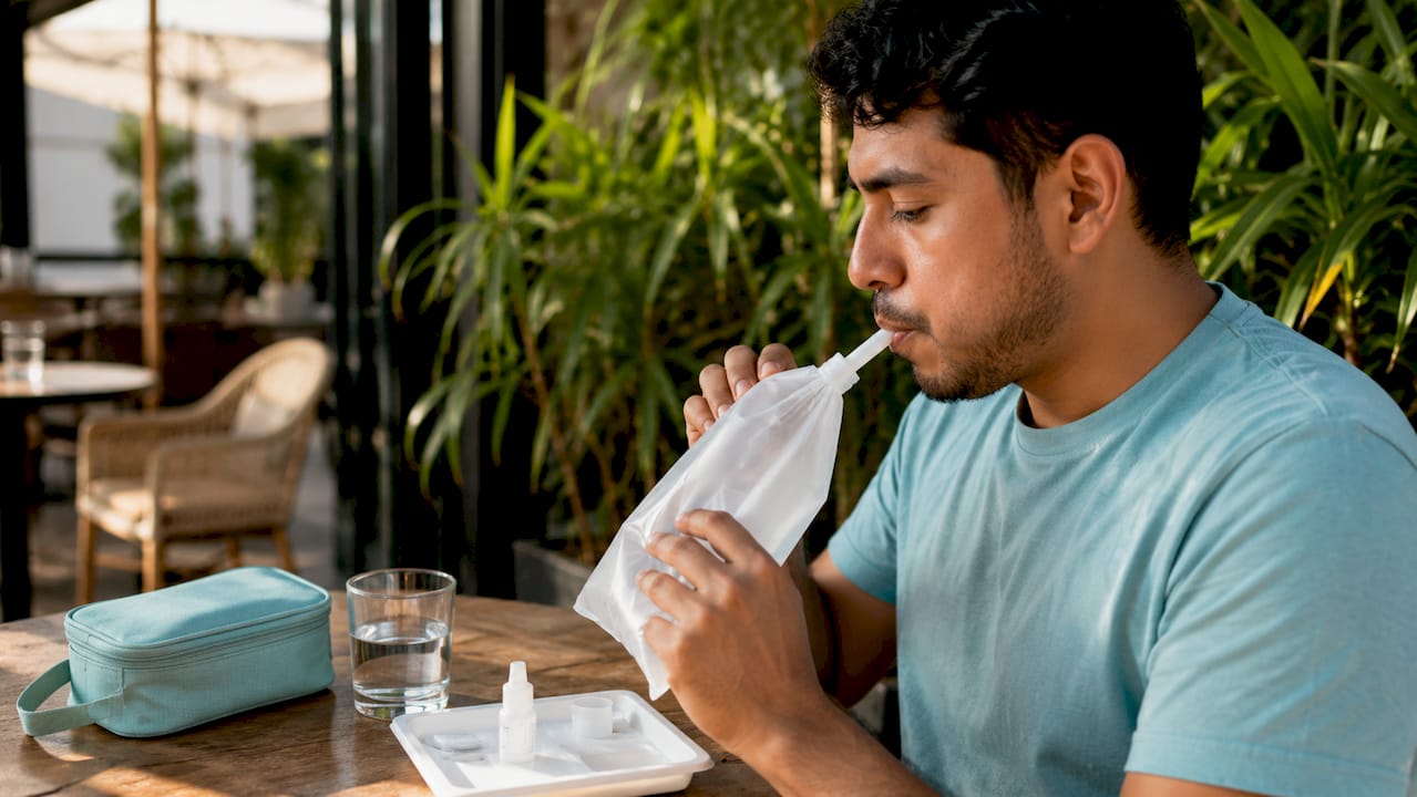 Man performing urea breath test at home
