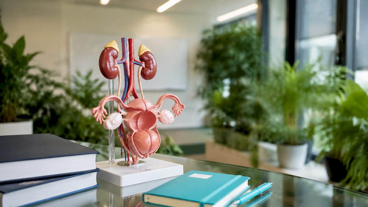 Anatomical model of female urinary tract on table