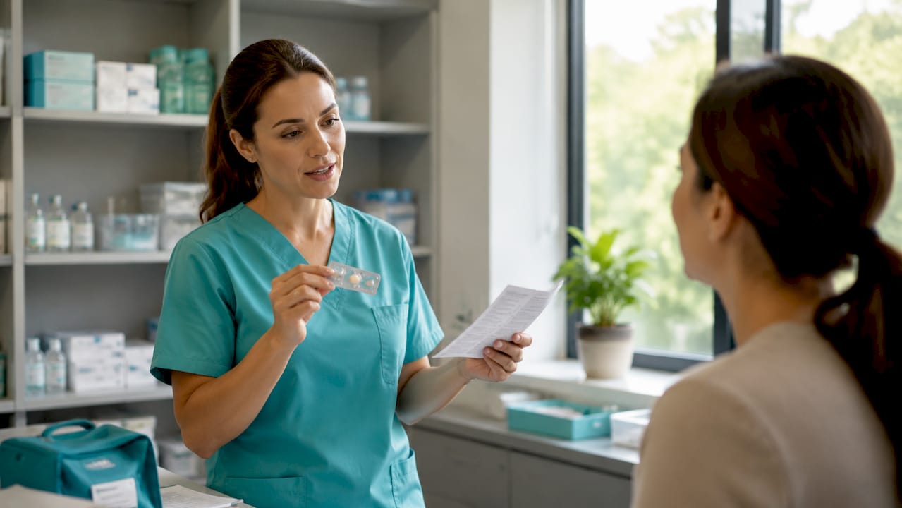Healthcare worker handling emergency contraception pill
