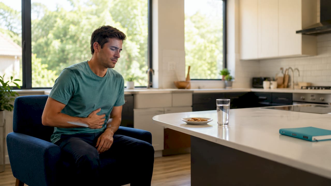 Man pressing hand on stomach showing discomfort
