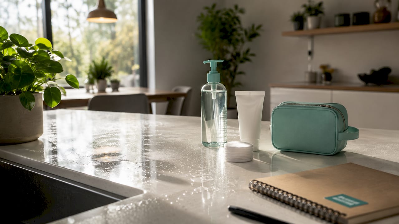 Bathroom countertop with lubricant and personal care items