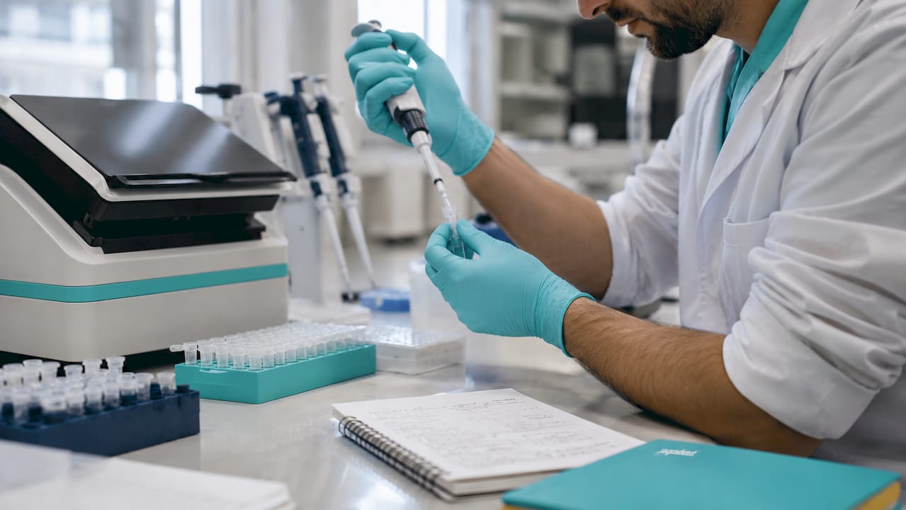 Technician pipetting samples for gene diagnostic test