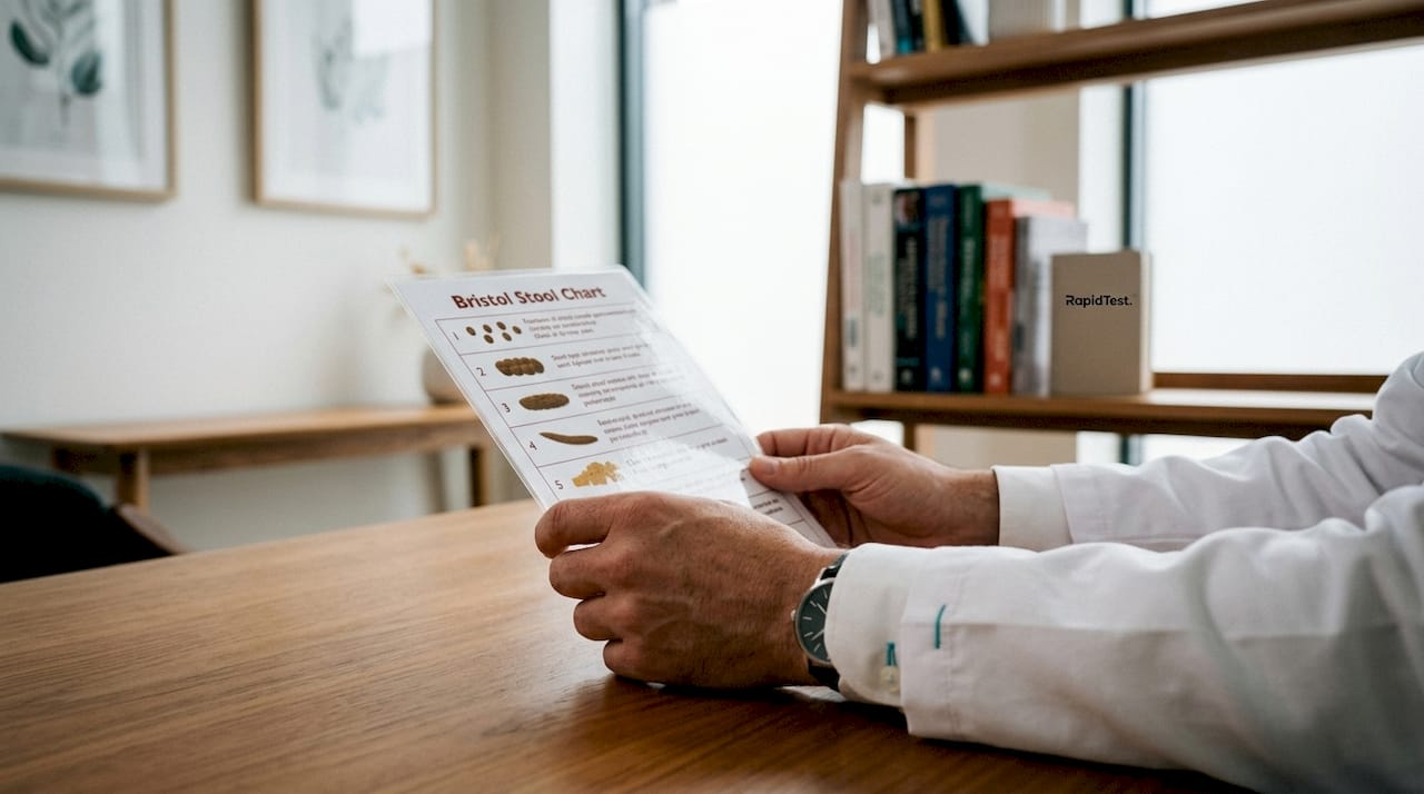 Doctor holding Bristol Stool Chart in clinic