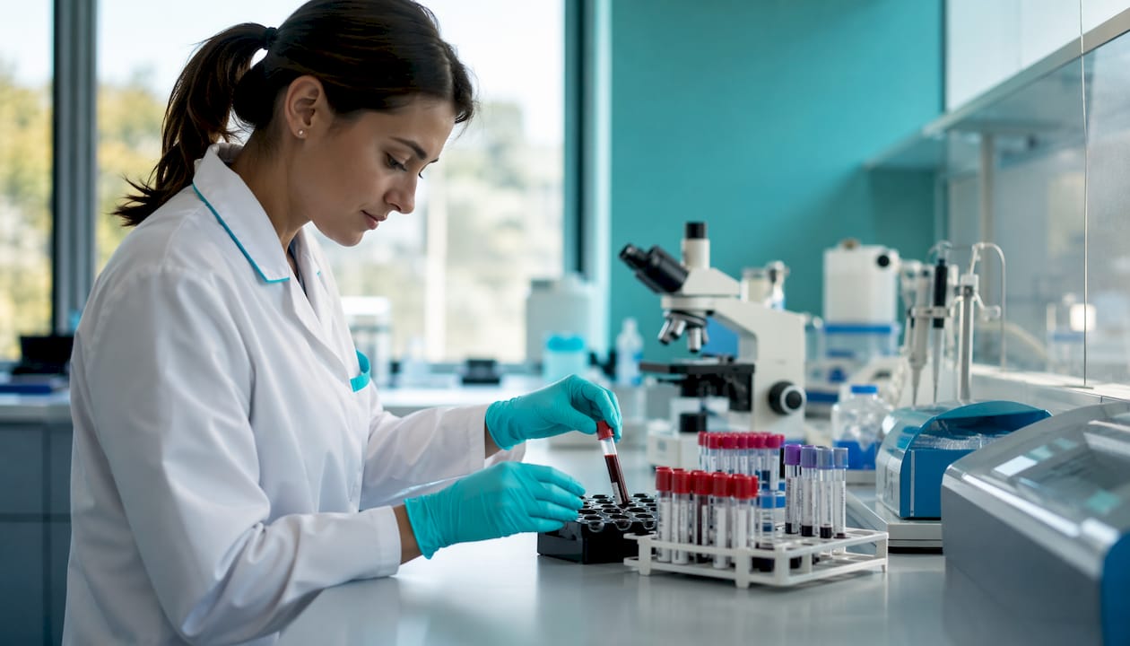 Lab technician handling blood sample tube