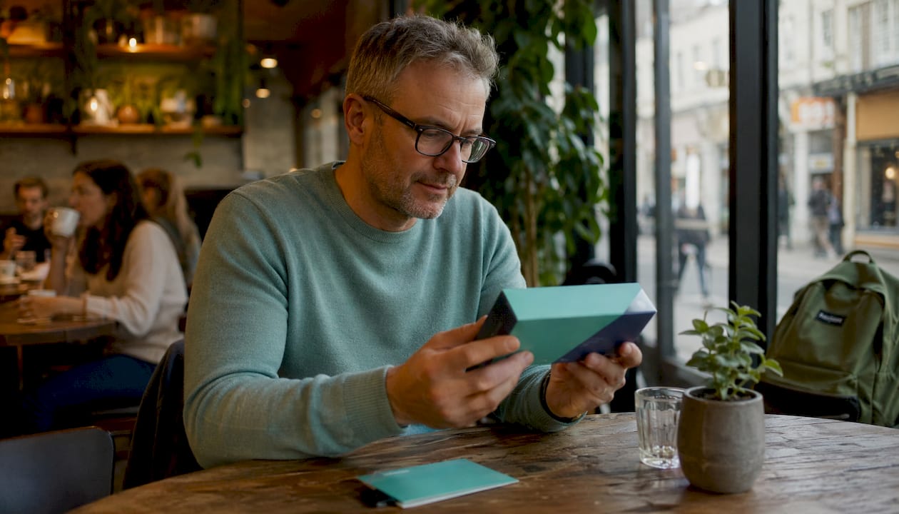 Man browsing vitamin D test kits in UK pharmacy