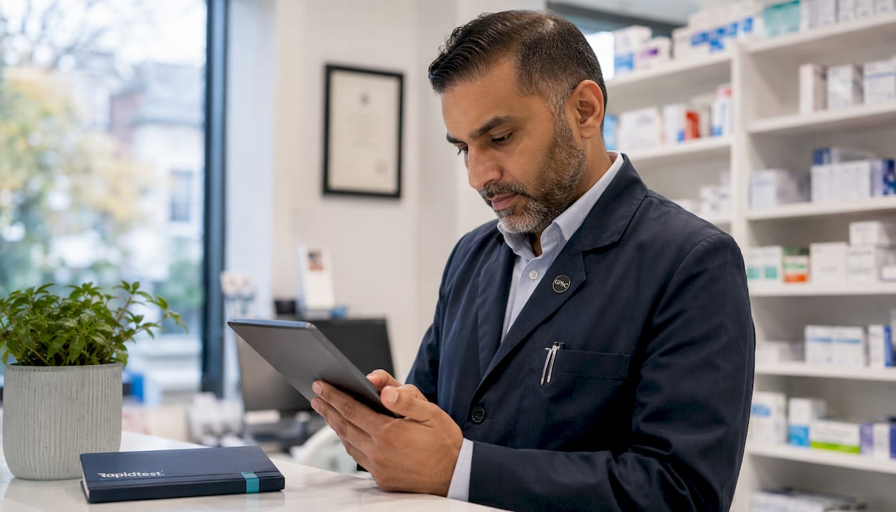 Pharmacist reviewing prescriptions on tablet in consultation room