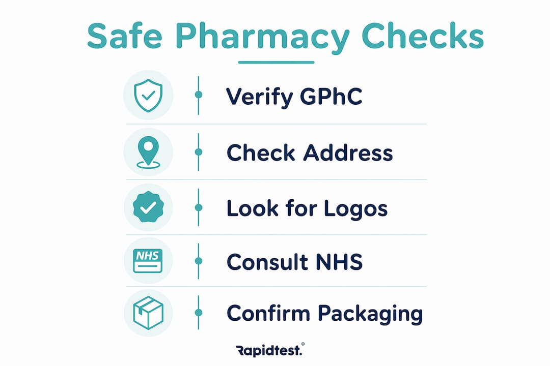 Infographic illustrating steps to verify safe online pharmacies