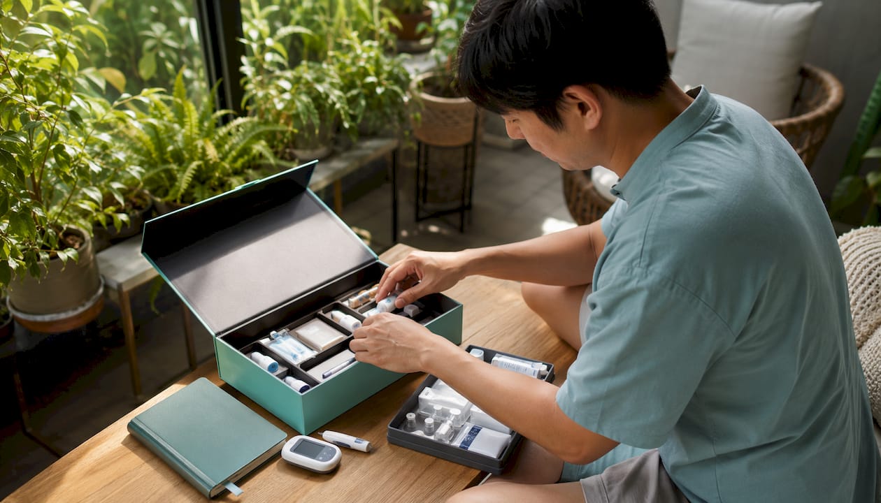 Man organizing personalized health testing kits
