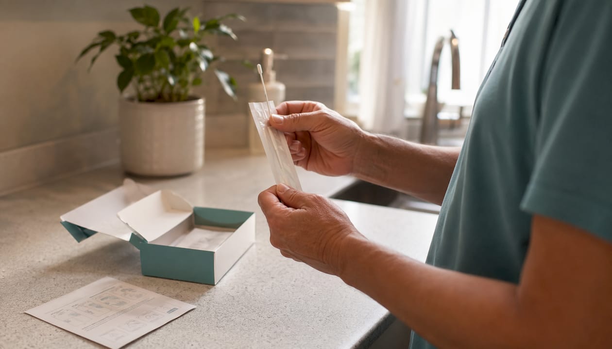 Hands holding STI testing swab at home