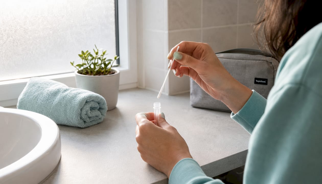 Hands holding vaginal swab for HPV sample collection