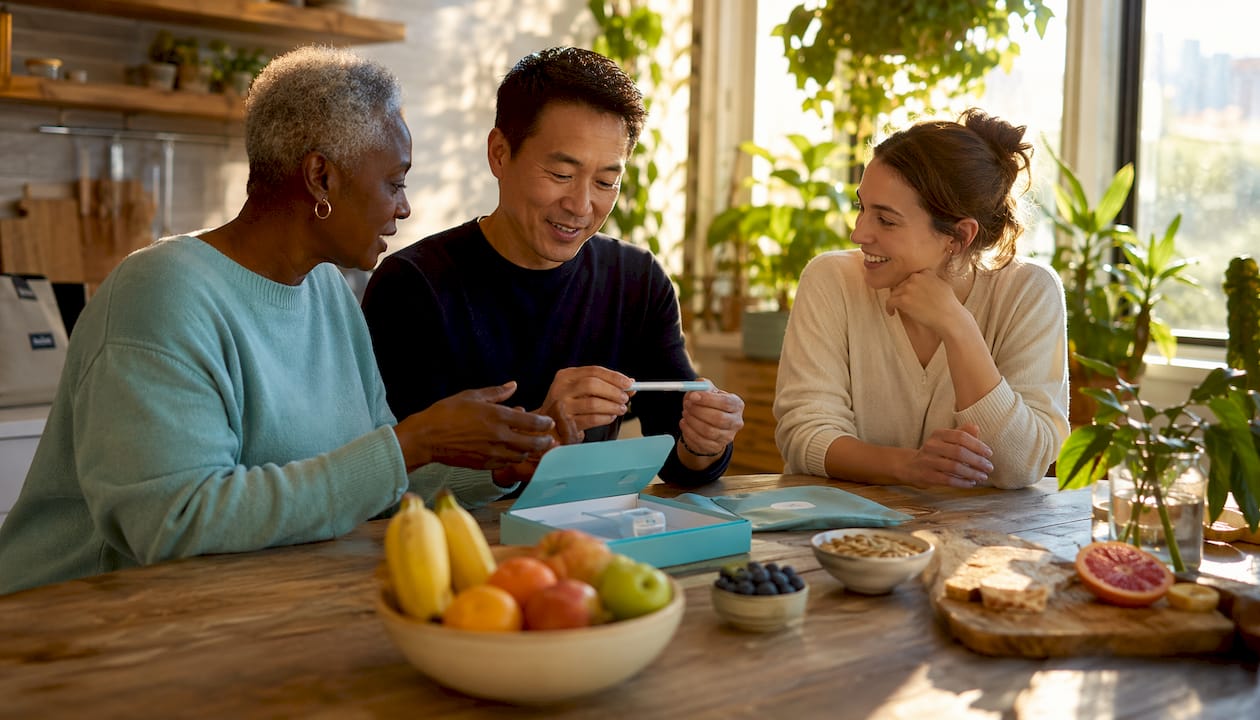 Diverse group discussing self-collection HPV kit