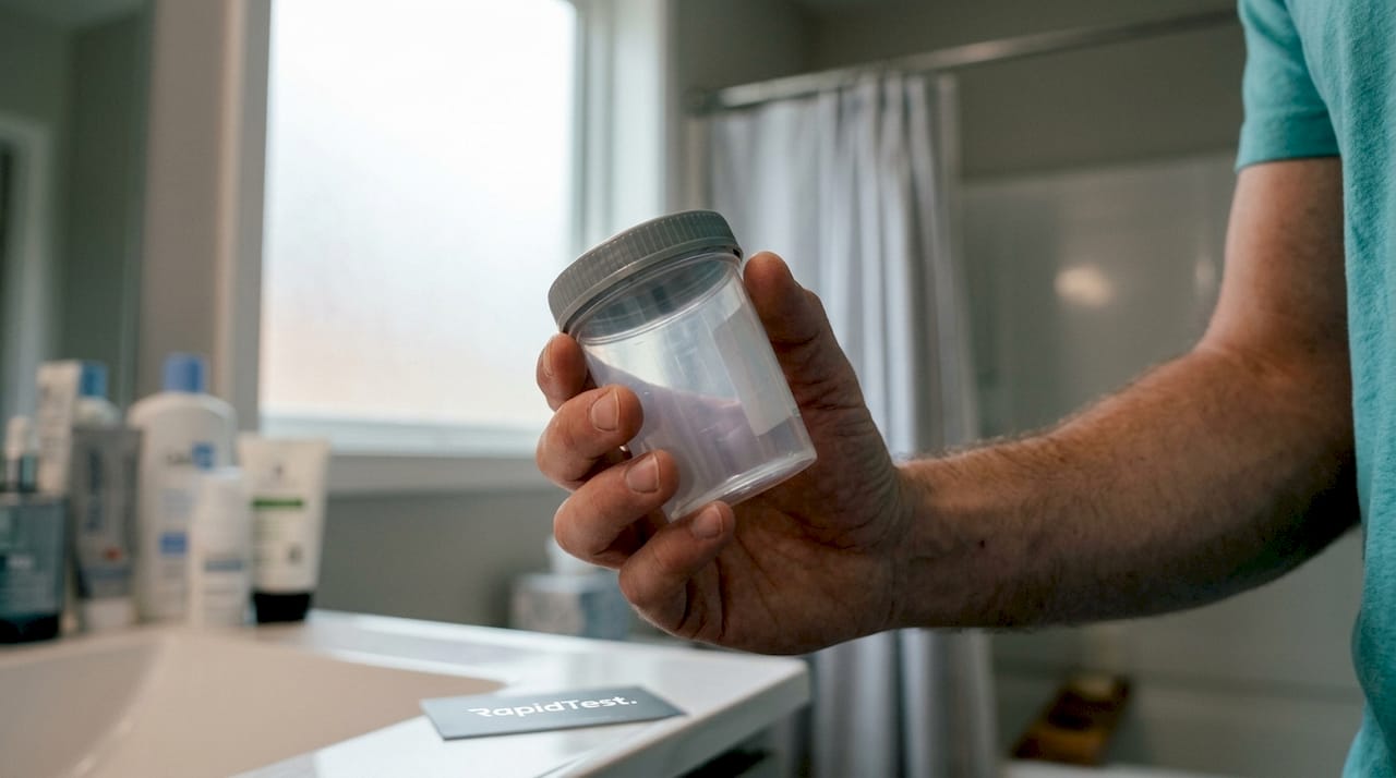 Hand holding semen analysis collection cup in bathroom