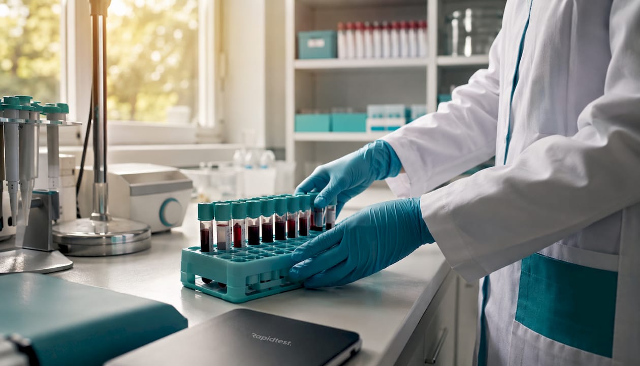 Technician handling blood test tubes in lab