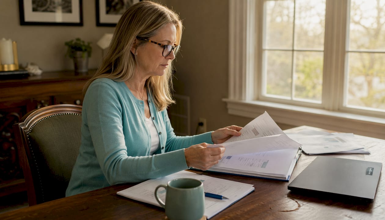 Overhead view of home test research papers on office table