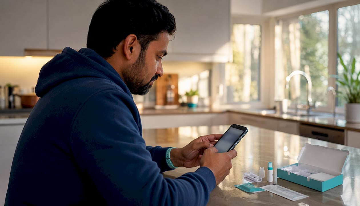 Hands inputting home test results on smartphone