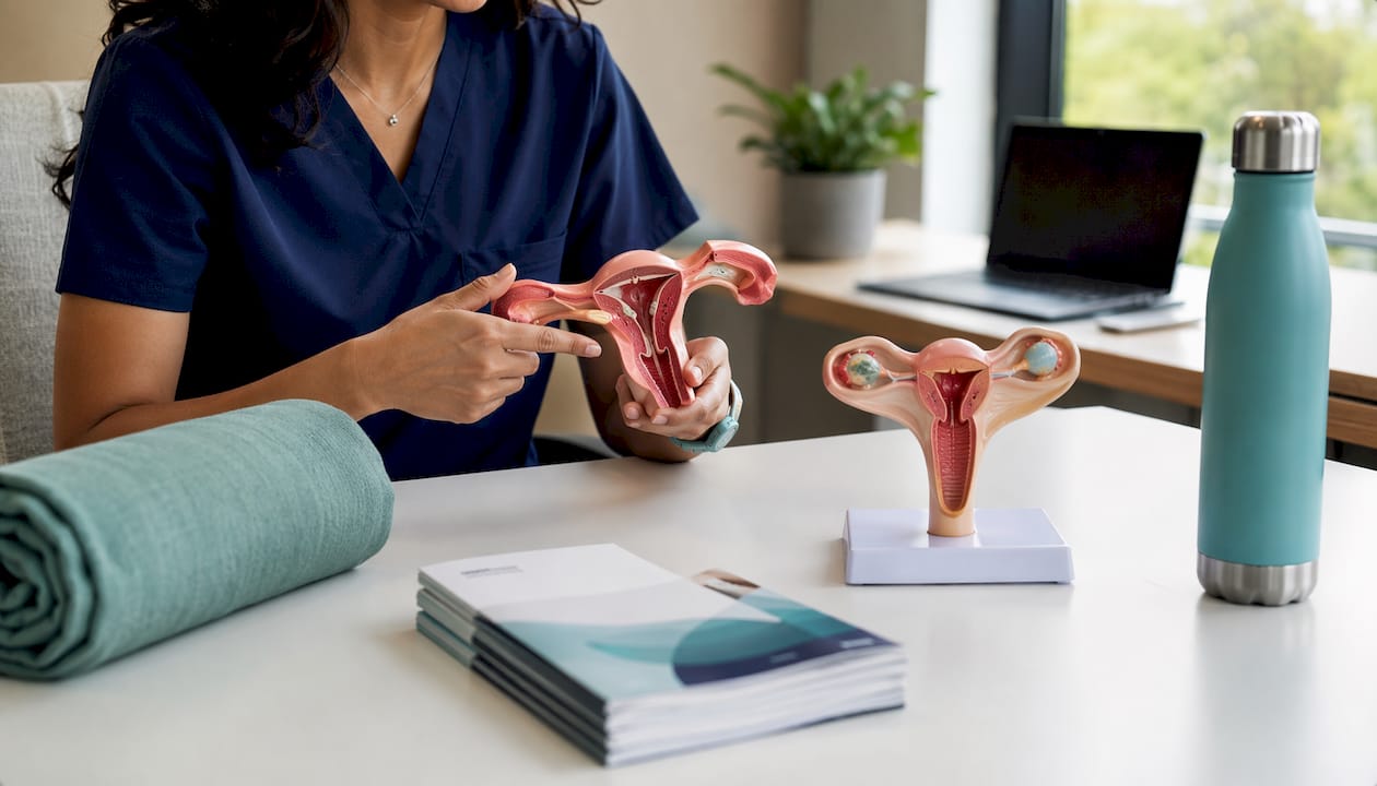 Clinician showing female reproductive organ model