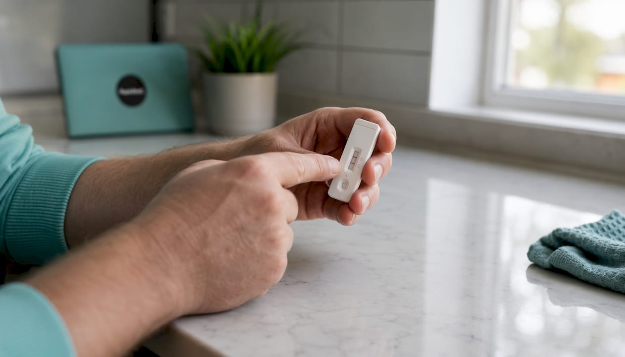 Hands pointing to lines on rapid test cassette