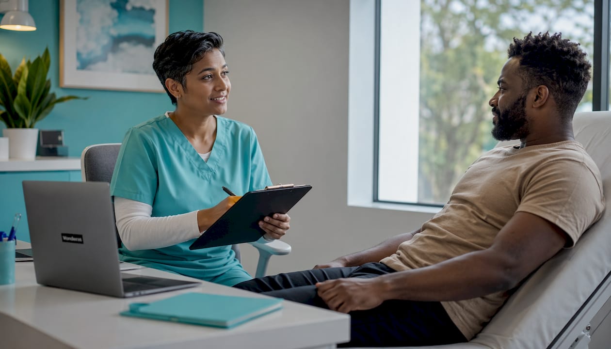Clinic nurse explaining STI testing process