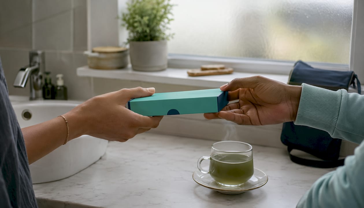 Hands exchanging at-home STI test kit