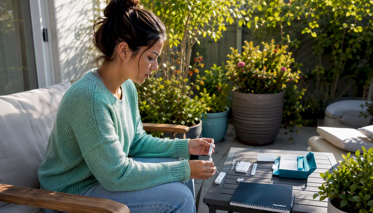 Overhead view of woman using rapid test kit at home