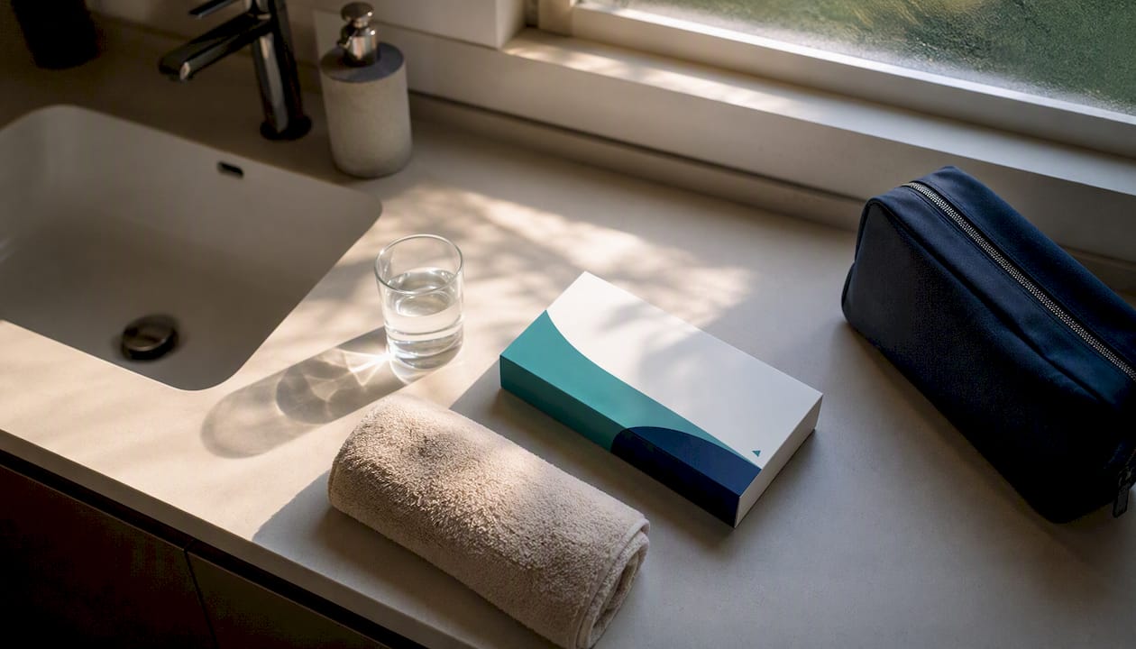Home bathroom countertop with PSA test kit