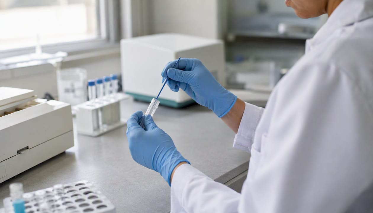 Gloved hands preparing stool sample in lab