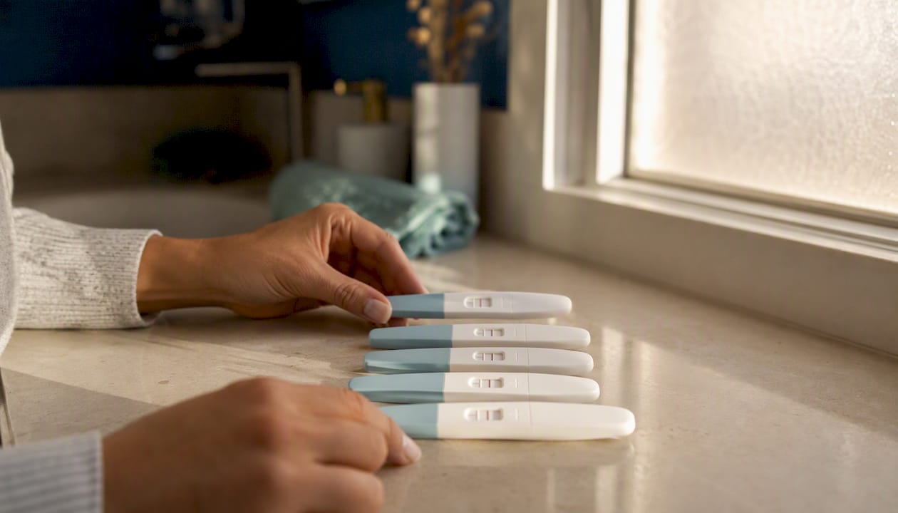 Multiple ovulation test sticks showing faint to dark lines