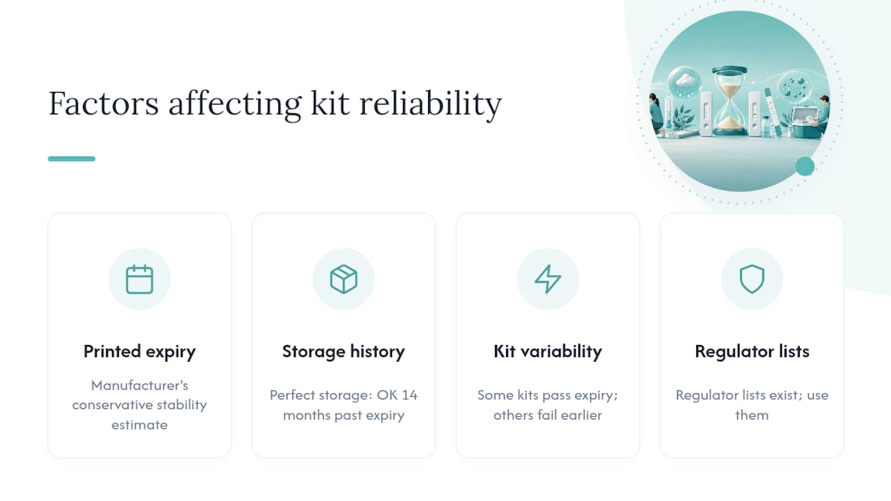 Diagram illustrating factors affecting test kit expiry reliability