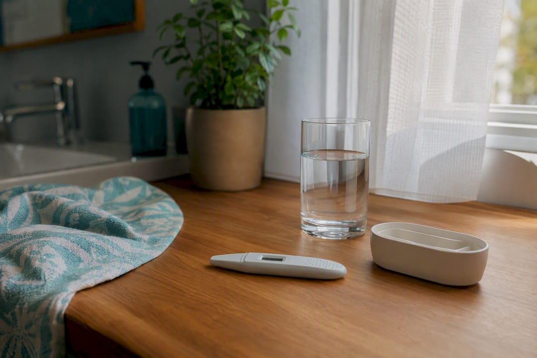 Pregnancy test with calendar on bathroom counter