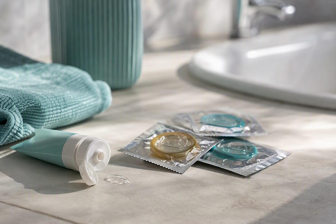 Condoms and lubricant on surface
