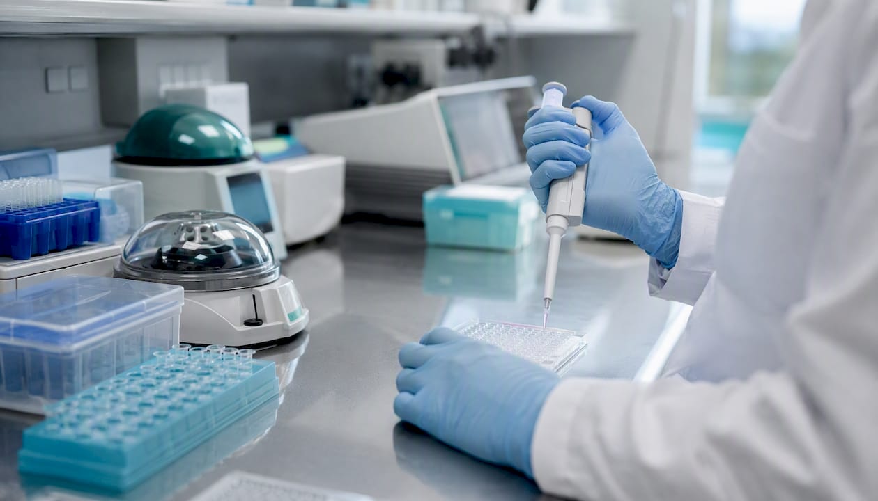 Hands pipetting for NAAT lab test