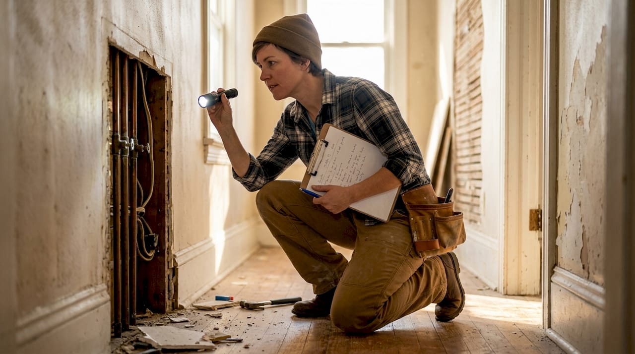 Contractor inspecting house structure and wiring