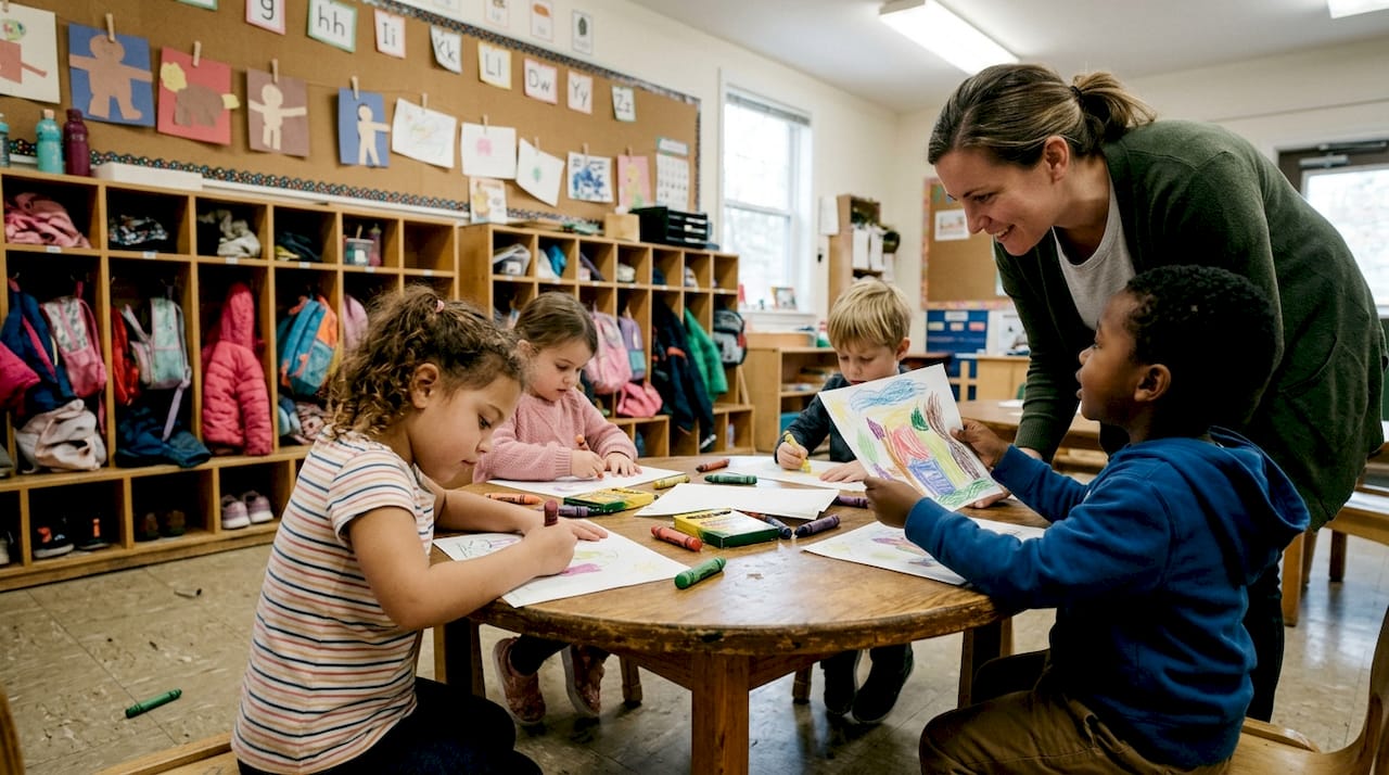 Children and teacher coloring at classroom table