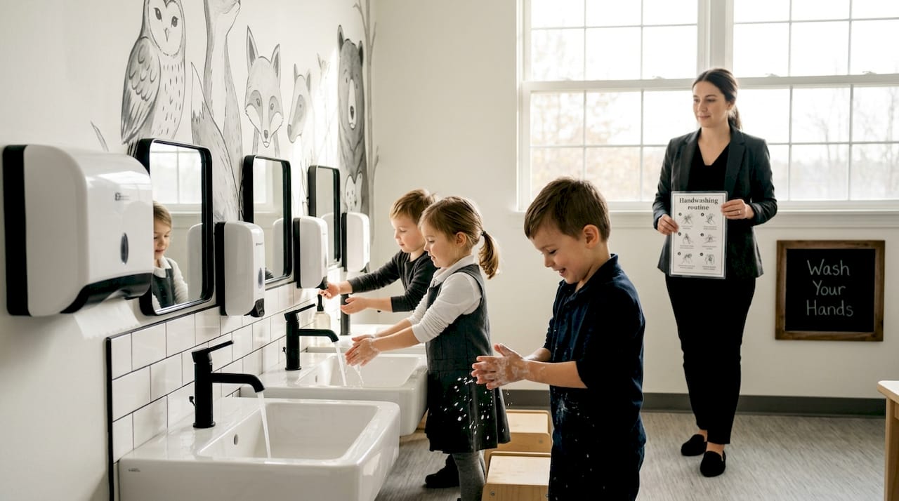 Children washing hands following routine