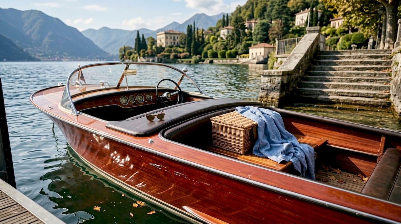 Classic mahogany boat at Lake Como shore